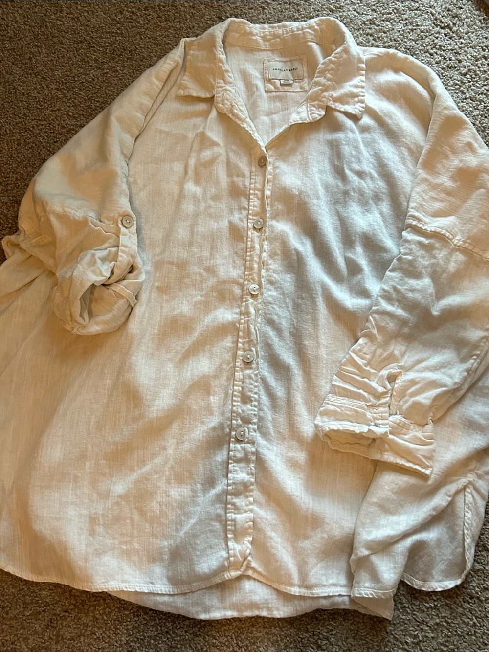 American Eagle White Button-Up Linen Shirt